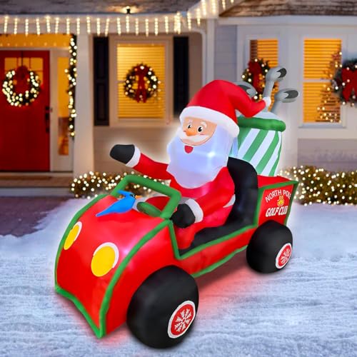 BLOWOUT FUN 6ft Length Inflatable Christmas Gold Cart with Santa Claus Decoration, LED Blow Up Lighted Decor Indoor Outdoor Holiday Decor