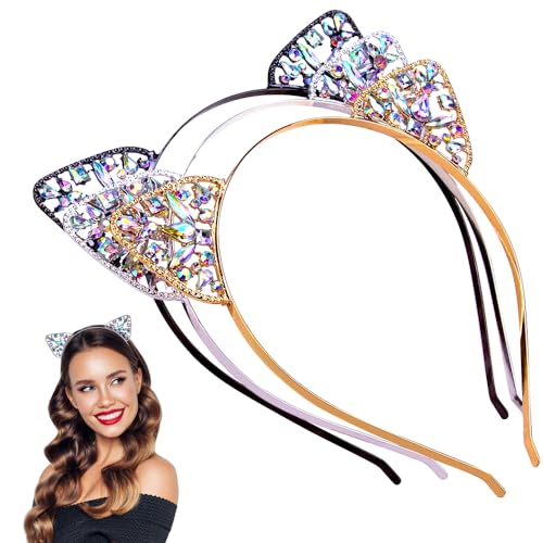 Bnikion Cat Ears Headband Rhinestone Cat Headbands Crystal Hair Hoop Women Party Headdress Cosplay Costume Headwear Halloween Makeup Handmade Headpiece Hair Band Hair Accessories 3 Pack