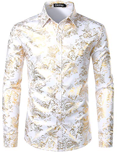 ZEROYAA Men's Luxury Paisley Gold Shiny Printed Stylish Slim Fit Button Down Dress Shirt ZLCL18 White Gold Large