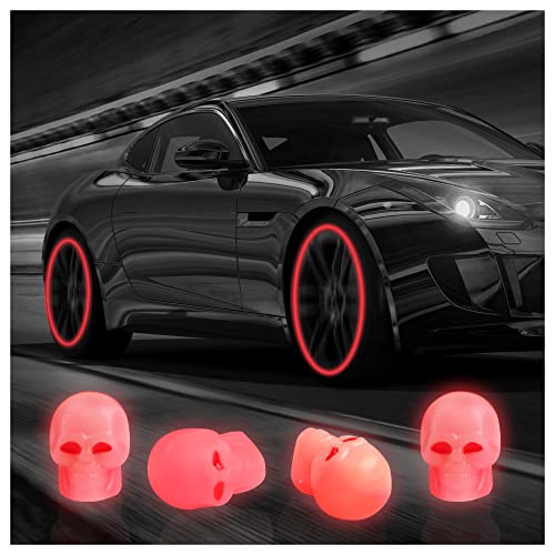 Junecarp 4Pcs Luminous Skull Tire Air Valves Stem Caps,Fluorescent Tire Valve Caps,Universal Tire Valve Stem Covers Accessories for Car Truck Motorcycles Bike (Skull Red)…