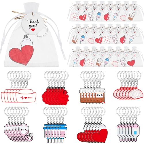 Henoyso 48 Pcs Nurse Gifts Nurse Keychain Nurse Party Favors with Christmas Gifts Thank You Tags Organza Bags Nurse Doctor(Classic)