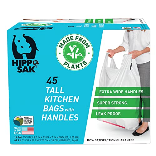 Hippo Sak - Plant Based Tall Kitchen Garbage Bags with Ergonomic Handles - 13 Gallon Trash Bags - Recyclable & Eco Friendly - Super Strong and Leak Proof Tall Kitchen Trash Bags (45 Count)