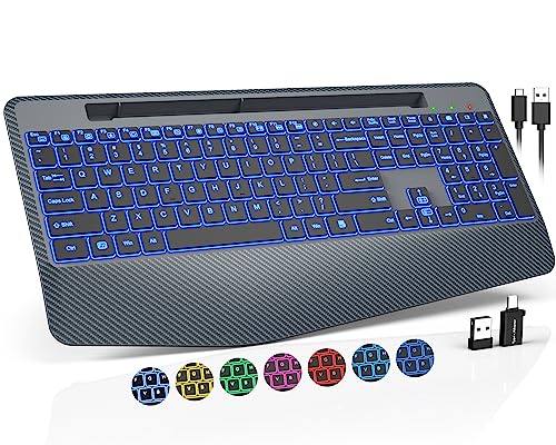 Wireless Keyboard with 7 Colored Backlits, Wrist Rest, Phone Holder, Rechargeable Ergonomic Computer Keyboard with Silent Keys, Full Size Lighted Keyboard for Windows, MacBook, PC, Laptop (Gray)