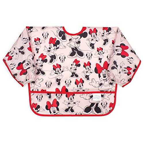 Bumkins Disney Bibs, Baby and Toddler Girls and Boys 6-24 Months, Long Sleeve, Essential Must Have for Eating, Feeding, Mess Saving Lightweight Waterproof Fabric Sleeved Smock, Minnie Mouse Classic