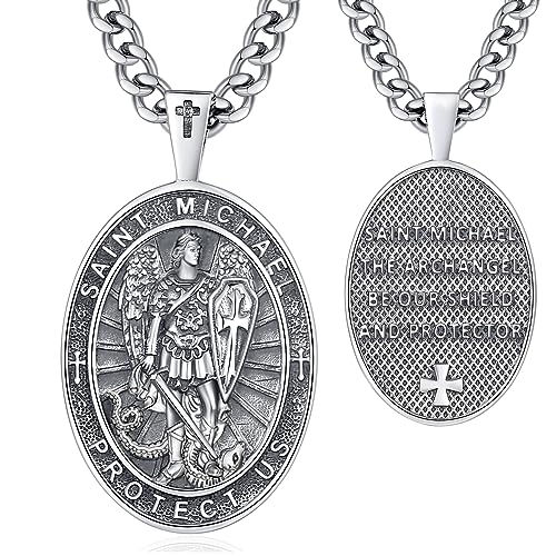 INFUSEU St Michael Necklace for Men Saint Michael Pendant the Archangel Medal San Miguel Arcangel Medalla Christian Jewelry Religious Gift Catholic Medallions Women Male Cool Punk Protection Spiritual