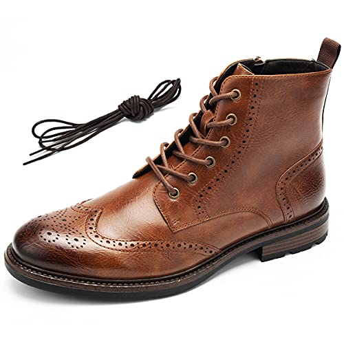 Temeshu Men's Wingtip Ankle Boot Side Zip Motorcycle Oxford Boots (with shoelaces) HH07 Brown 11