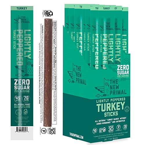 The New Primal Lightly Peppered Turkey Sticks, Keto, Gluten Free Healthy Snacks, Sugar Free Low Carb High Protein, Jerky Meat Stick, 7g Protein, 20 Ct