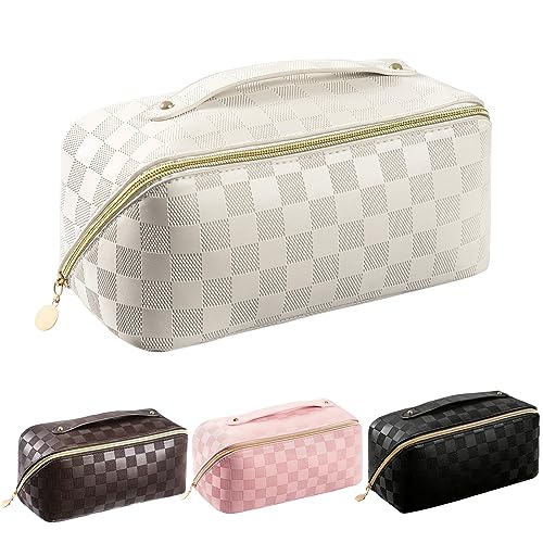 Makeup Bag - Large Capacity Travel Cosmetic Bag for Women, Multifunctional Open Flat Toiletry Bag with Handle, Washable Waterproof Beauty Zipper Makeup Organizer PU Leather, White