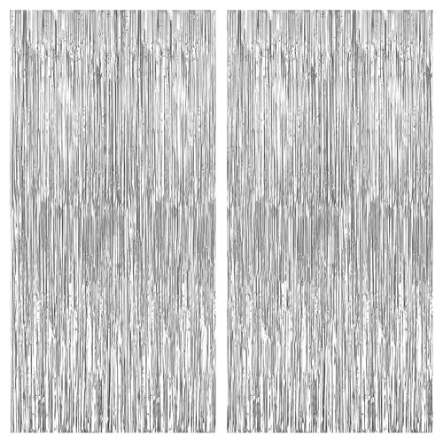 KatchOn, XtraLarge Silver Backdrop Curtain - 3.2x8 Feet, Pack of 2, Silver Streamers Backdrop | Silver Fringe Backdrop for Prom Decorations 2024 | Silver Streamer Backdrop for Silver Party Decorations