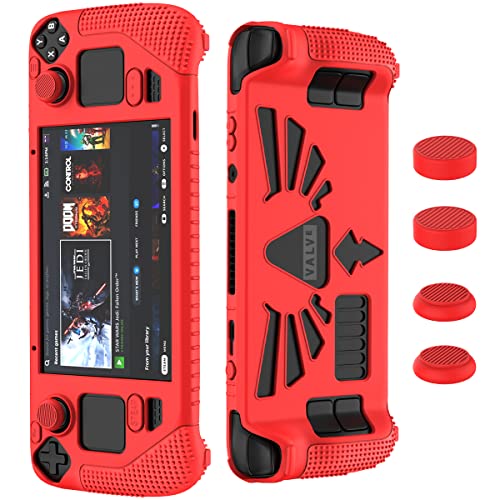 SUIHUOJI Steam Deck/Steam Deck OLED Standing Protective Case, Thickening Silicone Accessories Protector, Soft Cover Skin Shell with 2 Pairs Thumb Grips, Full Protection for Valve Stream Deck (Red)