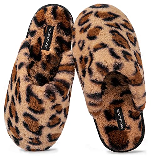 Snug Leaves Women's Fuzzy House Memory Foam Slippers Cute Furry Leopard Print Faux Fur Lined Closed Toe Indoor Slides Bedroom Slip On Shoes with Soft Rubber Sole (Brown, Size 9-10)