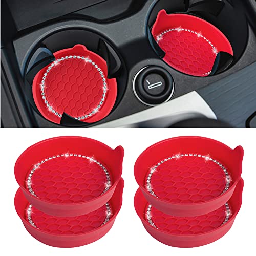 Amooca Car Cup Coaster Universal Non-Slip Cup Holders Bling Crystal Rhinestone Car Interior Accessories 4 Pack Red