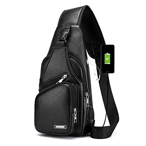 JUMO CYLY Leather Sling Bag for Men Women, Soft Sling Chest Bag, Waterproof Shoulder Chest Bag Small Lightweight Sling Backpack with USB Charging Port. (Small Black2)