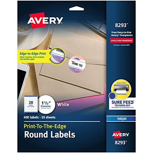 Avery Matte White Round Labels, Sure Feed Technology, Permanent Adhesive, 1-1/2', 400 Labels (8293)