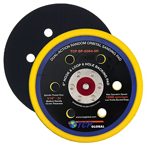 TCP Global 6' Hook & Loop DA Sander & Polisher Backing Plate Pad, 6 Hole Pattern Dustless - Dual-Action Random Orbital Sanding Pad - Low Profile Edge, Medium Density - for Auto Woodworking Sandpaper