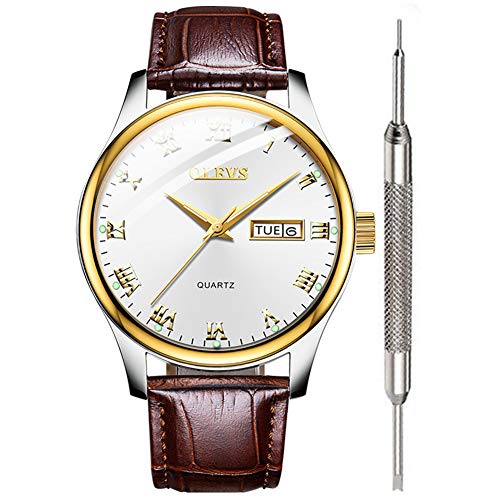 OLEVS Mens Brown Leather Watch for Men Waterproof Inexpensive Analog Quartz White Wrist Watches for Men Classic Calendar 2022 Couple Watches