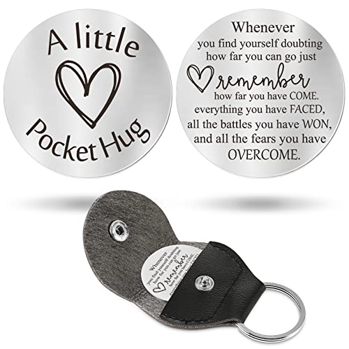 Pocket Hug Token Long Distance Relationship Keepsake Stainless Steel Double Sided Inspirational Gift with PU Leather Keychain (Sobriety)
