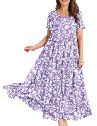 YESNO Women Casual Loose Bohemian Floral Dress with Pockets Short Sleeve Long Maxi Summer Beach Swing Dress XL EJF CR345