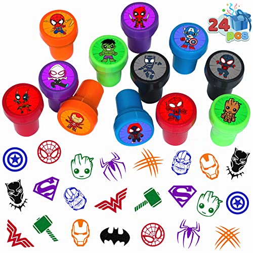 24 Pcs Superhero Themed Stampers for Kids, Superhero Birthday Party Supplies Favors, Classroom Rewards Prizes, Goody Bag Treat Bag Stuff for Superhero Birthday Party Gifts
