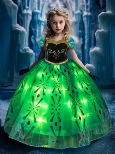 UPORPOR Light Up Princess Dress Costume for Girls Dress Up Clothes Halloween Snow Christmas Dress for Kids Queen Party Ice Costume Green, 120