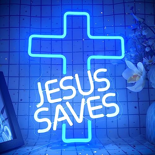 JanHune Cross Neon Signs Jesus Saves LED Signs for Wall Decor Dimmable Jesus Neon Lights Signs for Bedroom Living Room Christian Church Events Birthday Christmas Decor Gifts