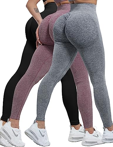 CHRLEISURE 3 Piece Workout Leggings Sets for Women, Gym Scrunch Butt Butt Lifting Seamless Leggings (Black, DGray, Burgundy, XL)