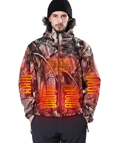 DEWBU Heated Jacket for Men with 12V Battery Pack Winter Outdoor Soft Shell Electric Heating Coat, Men's Tree, XL