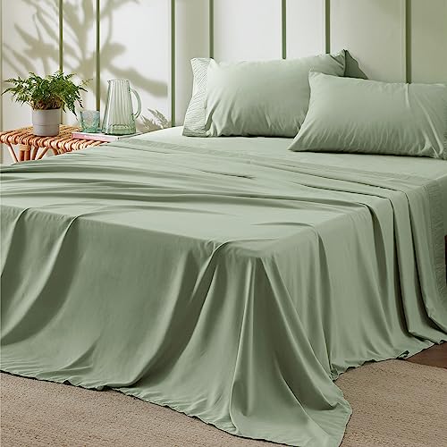 Bedsure Queen Sheet Set - Soft Sheets for Queen Size Bed, 4 Pieces Hotel Luxury Sage Green Queen Sheets, Easy Care Polyester Microfiber Cooling Bed Sheet Set