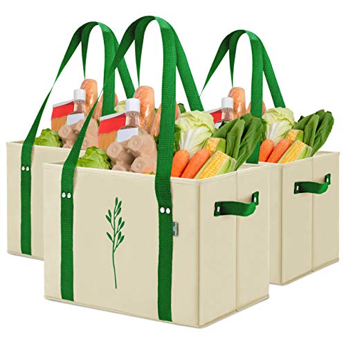 Green Bulldog Reusable Grocery Bags - Heavy Duty, Foldable, Space Saving Tote Shopping Bags - Box Bag w/Straps And Handles (Set of 3) - Taupe