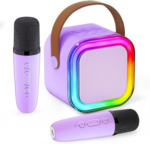 IROO Mini Karaoke Machine for Kids Adults, Karafun Premium with Thousands of Karaoke Songs, Portable Speaker with 2 Wireless Mics, Birthday Gifts Toys for Girls 3-12 Year Old Family Home Party(Purple)