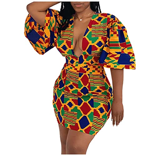 Multifit Women Boho African Floral Print Pleated Short Midi Dress Multi-Way Dress for Casual Rave Club Party