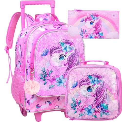 UFNDC 4PCS Kids Rolling Backpack, Unicorn Sequin Wheeled Bookbag for Girls，Travel Roller School Bag with Wheels