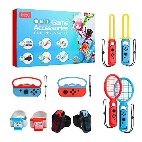 10 in 1 Switch Sports Game Accessories Kit, FUNDAIRY Accessories Bundle for Nintendo Switch and Switch OLED Joycon Controller with Leg Strap, Wrist Strap, Racket, Game Sword and Hand Grip