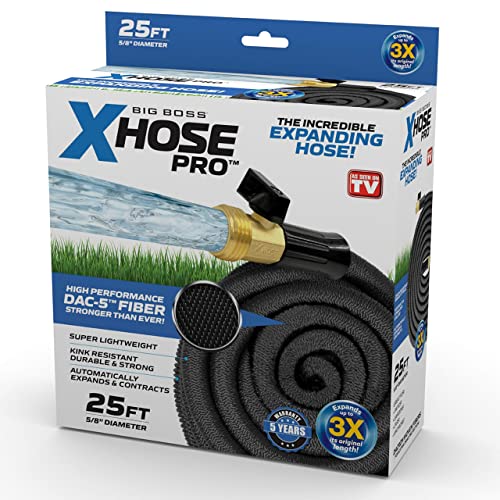 Xhose Pro Garden Hose, 25 Foot Expandable Garden Hoses, Tough & Flexible Water Hose, Lightweight, Solid Brass Fittings, Kink Free, Easy to Use & Store