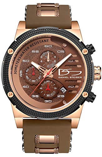 Daniel Steiger Renegade Men's Watch - Split-Second Chronograph Sports Watch - Silicone Strap - Rose Gold Plating (Brown)