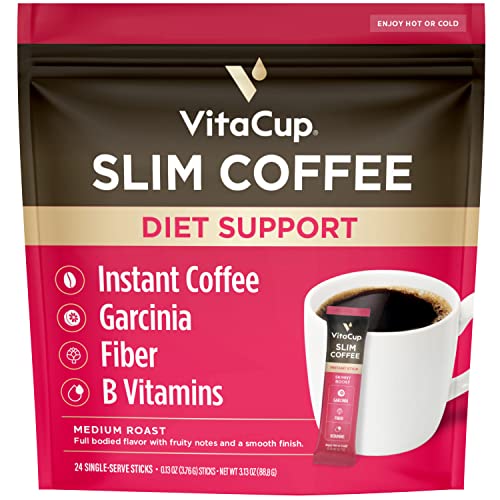 VitaCup Slim Instant Coffee Packets, with Garcinia, Fiber, B Vitamins, Bold & Smooth, Medium Dark Roast, 100% Arabica Coffee in Single Serve Sticks, 24 Ct