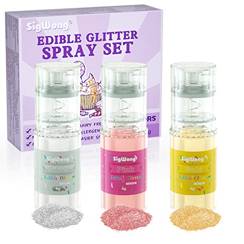 Edible Glitter Spray Set - 100% Edible Glitter for Cakes, Cupcakes, Cake Pops, Drinks, Chocolate, Strawberries, Cookies, Food Grade Coloring Glitter, Gold, Silver, Pink (4g/Bottle)
