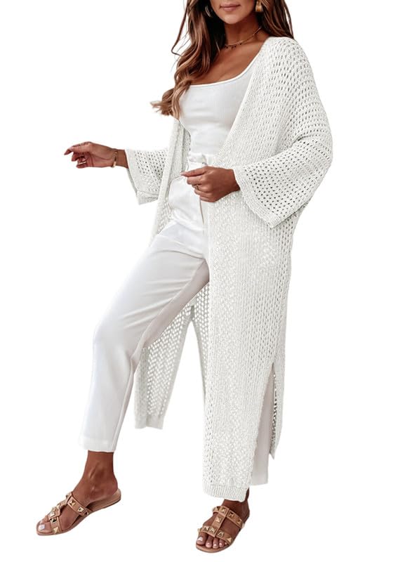 SHEWIN Cardigan Sweaters for Women Trendy Casual Long Sleeve Open Front Kimonos Lightweight Crochet Extra Long Soft Knit Duster Cardigans White One Size