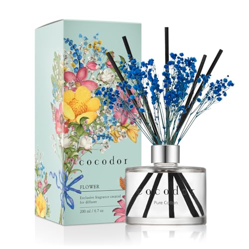COCODOR Preserved Flower Reed Diffuser/Pure Cotton/6.7oz/1Pack/Home Fragrance Scent Essential Oil Stick Diffuser for Bedroom Bathroom Home Décor