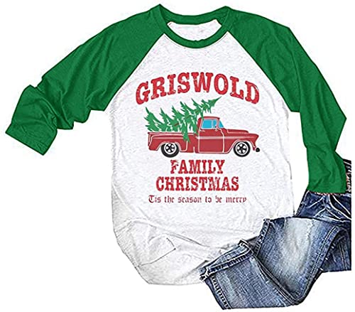 Griswold Family Christmas Women Shirt Merry Xmas Tree Print Casual Tees Baseball Raglan Sleeve Tops (B Green, M)