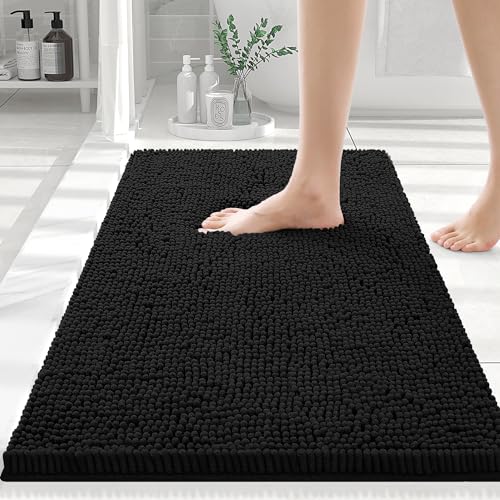 smiry Luxury Chenille Bath Rug 24''x16'', Extra Soft and Absorbent Shaggy Bathroom Mat Rugs, Machine Washable, Non-Slip Plush Carpet Runner for Tub, Shower, and Bath Room, Black