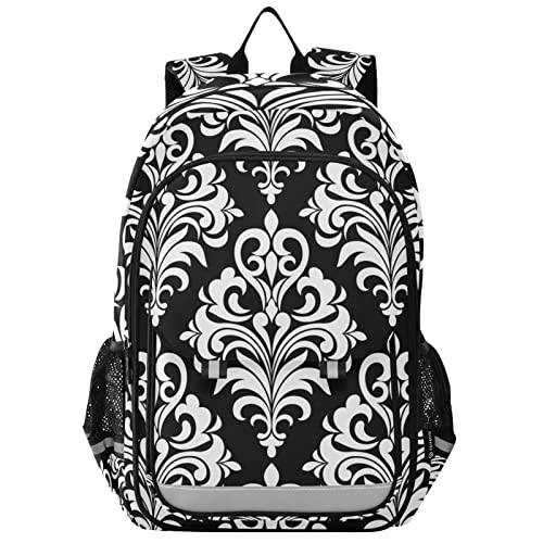 Glaphy Floral Damask Black and White Backpack School Bag Lightweight Laptop Backpack Student Travel Daypack with Reflective Stripes