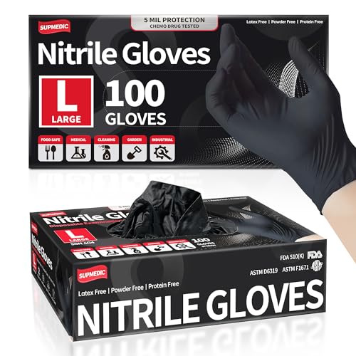 Supmedic Black Nitrile Exam Gloves, 5 mil Chemical Resistant Powder-Free Food Safe Disposable Medical Glove 100Pcs (Large)
