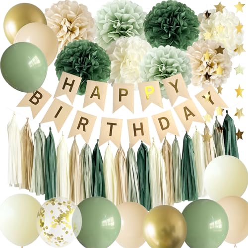 ANSOMO Sage Green Happy Birthday Party Decorations Retro Green Nude Ivory Dark Olive Kraft Paper Banner Balloons Neutral Rustic Boho Blush Safari Botanical Greenery Wild Décor Supplies Women Adults