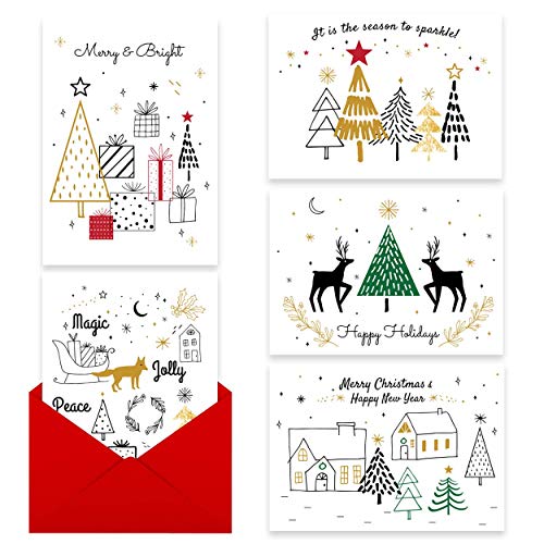 MPFY- Christmas Cards with Envelopes, Gold Foil, Pack of 25, 5 Unique Designs, Happy Holidays Card, Assorted Christmas Cards, Box Christmas Cards, Christmas Card Pack, Box of Christmas Cards