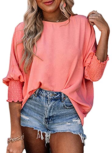 Dokotoo Womens Tunic Tops Babydoll Cute Tops Loose Fall Crew Neck Pullover Tops Spring Summer 3/4 Sleeve Shirts Blouses for Women Dressy Casual Flowy Solid Color Oversized T Shirts Pink X-Large