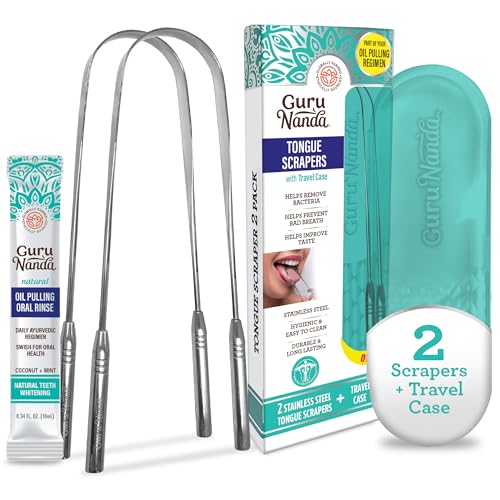 GuruNanda Tongue Scraper for Adults 2 count (Pack of 1) with Travel Case, 420 Medical grade Stainless Steel, Aids in Fresh Breath & Oral Care - Travel-Friendly