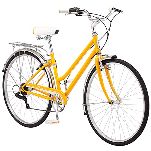 Schwinn Wayfarer Adult Hybrid Bike, Mens and Womens, 16-Inch/Small Steel Step-Through Frame, 7-Speed Drivetrain, Rear Rack, 28-Inch Wheels, Yellow