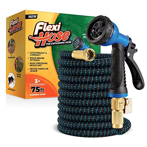 Flexi Hose with 8 Function Nozzle Expandable Garden Hose, Lightweight & No-Kink Flexible Garden Hose, 3/4 inch Solid Brass Fittings and Double Latex Core, 75 ft Blue Black