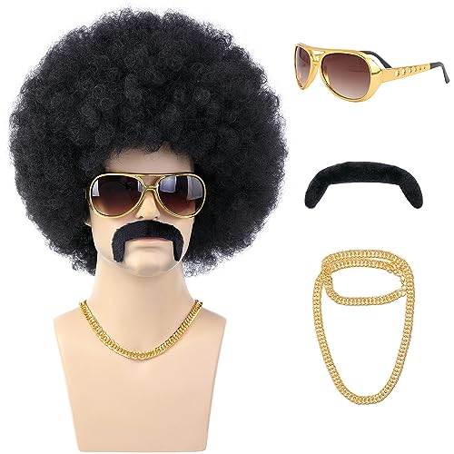 morvally 70s Black Afro Wig for Men with Glasses Chain and Mustache Mens Short Black Curly Disco Costume Wigs 70's 80s Hippie Rocker Funny Cosplay Synthetic Wigs for Halloween Party